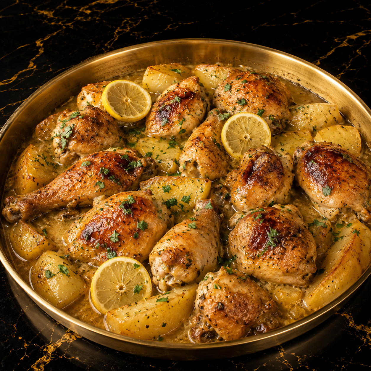 Grilled Chicken with Potatoes cooked in Lemon & Garlic