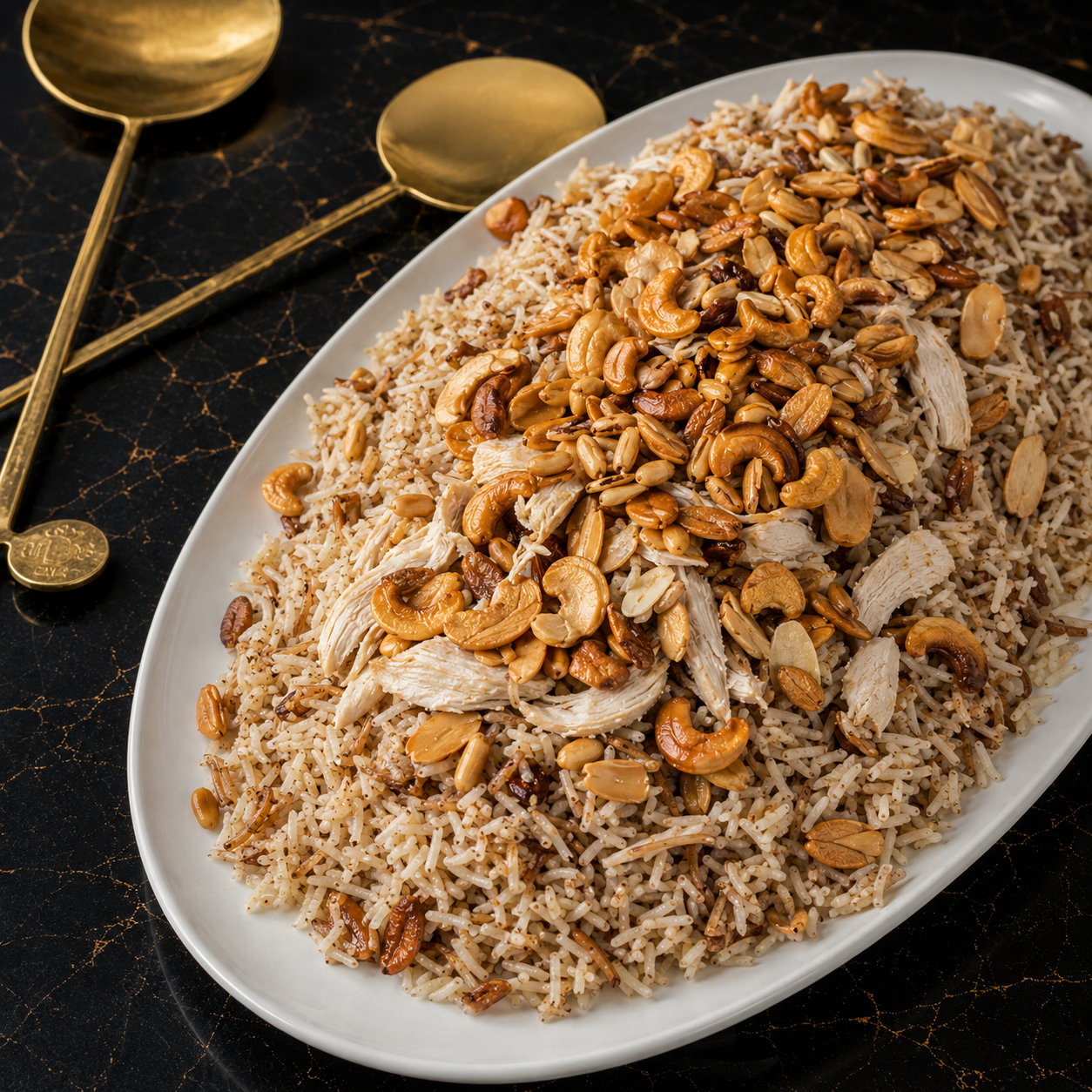 Slow-Boiled Chicken serve with  Rice and nuts