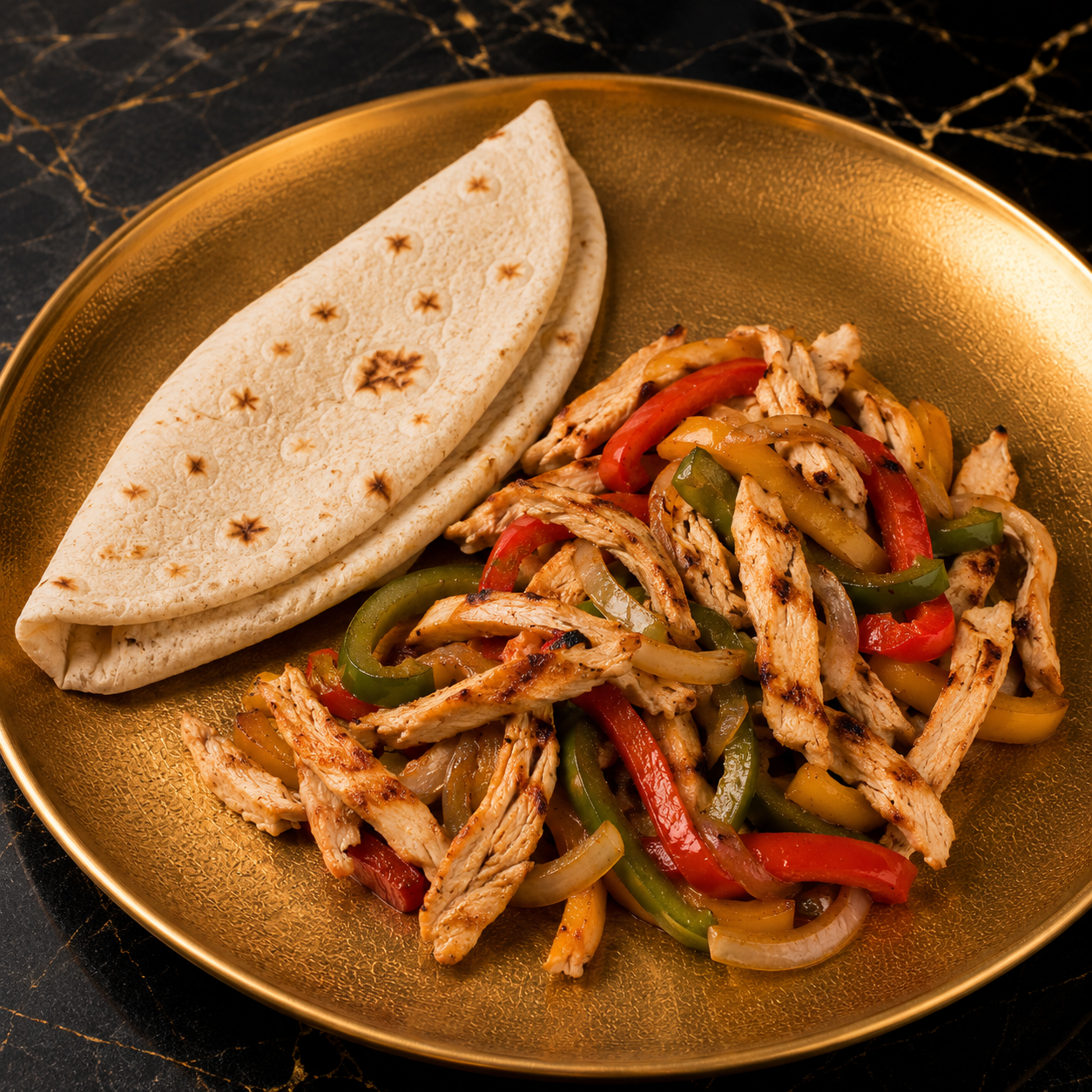 Chicken Faghita Plate cooked with Capsicum, Onions , corn  served with Pita & avocado