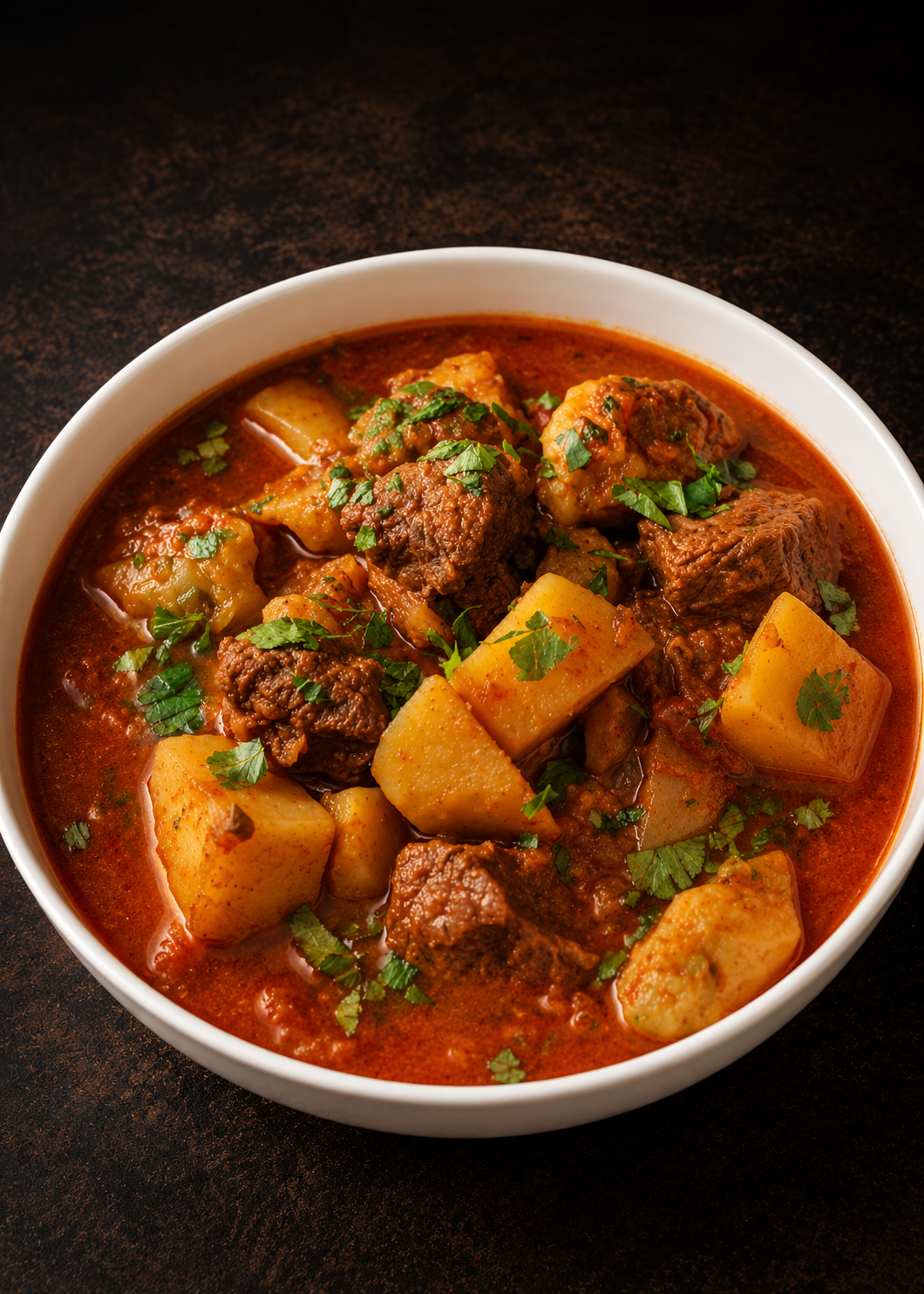 Delicious Premium Scotch Fillet Beef with cube Potatoes red sauce Served with  Rice
