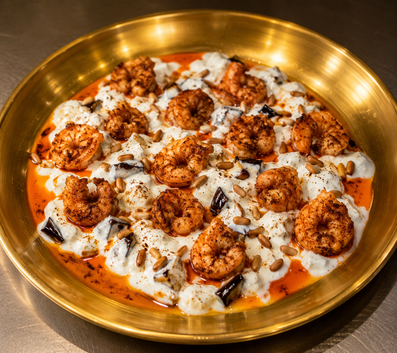 Prawn Fatteh with Yogurt ( pine nuts and bread option)