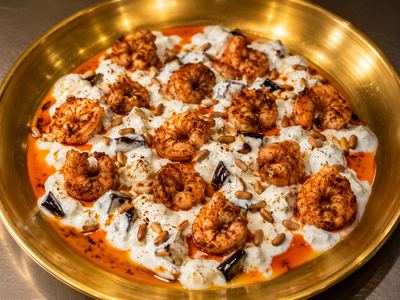 Prawn Fatteh with Yogurt (Pine Nuts & Bread Option) — Allow 30–60 Min Preparation