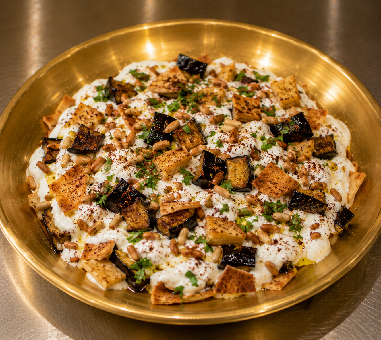 Grilled Eggplant Fatteh with yogurt ( Pine nuts and bread option)
