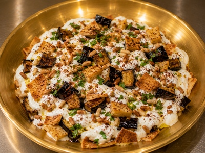 Grilled Eggplant Fatteh with Yogurt (Pine Nuts & Bread Option) — Allow 1–2 Hours Preparation