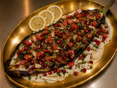 Grilled Eggplant w Tahini, Garlic & Lemon — Allow 1–2 Hours Preparation
