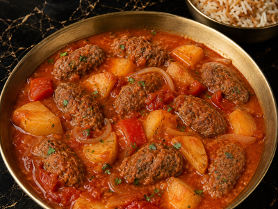 Grilled Meat cooked in Tomato Sauce w Potatoes Serve With Rice (Kafta) — Order by 9 AM for Lunch | Order by 2 PM for Dinner