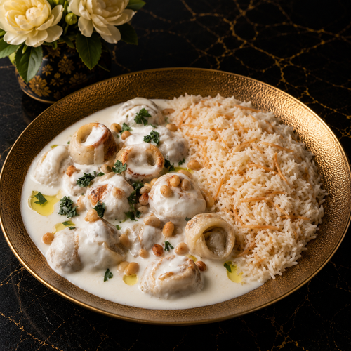 Handmade Meat Dumplings in Yogurt Broth w Rice & Pine Nuts (Shish Barak, pre-order)