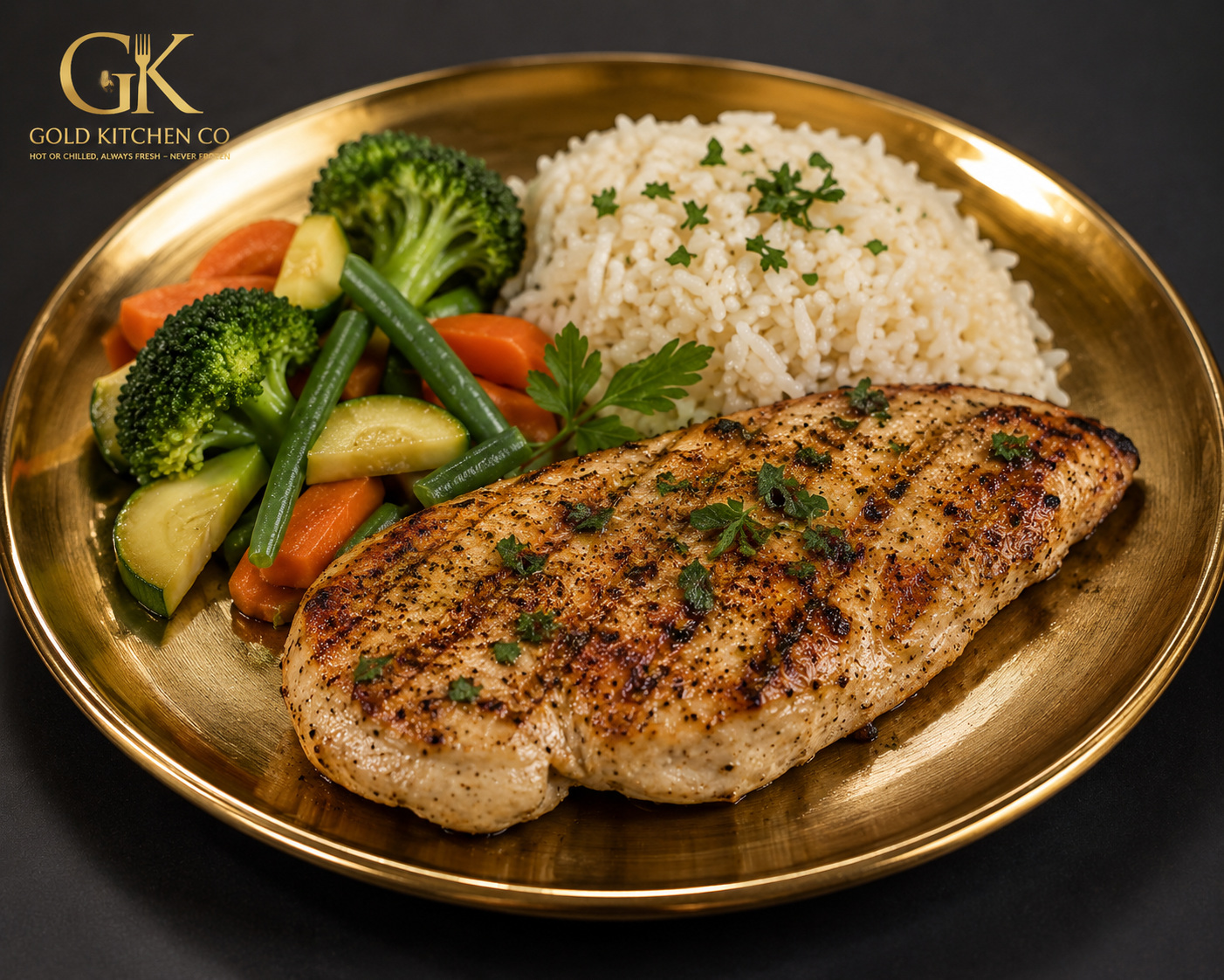 Grilled Chicken Breast, Rice with Steamed Veg or Green Salad (Gym)