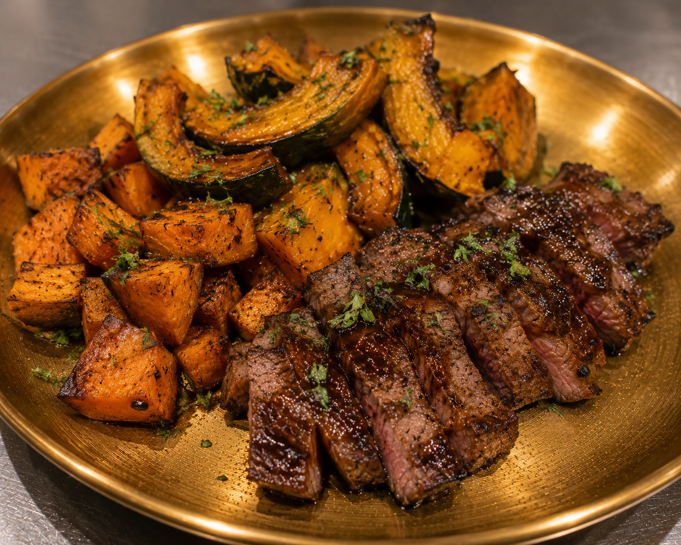 Grilled Scotch Fillet Premium Beef served with Baked Sweet Potato & Pumpkin