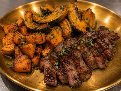 Grilled Scotch Fillet Premium Beef served with Baked Sweet Potato & Pumpkin — Allow 1–2 Hours Preparation