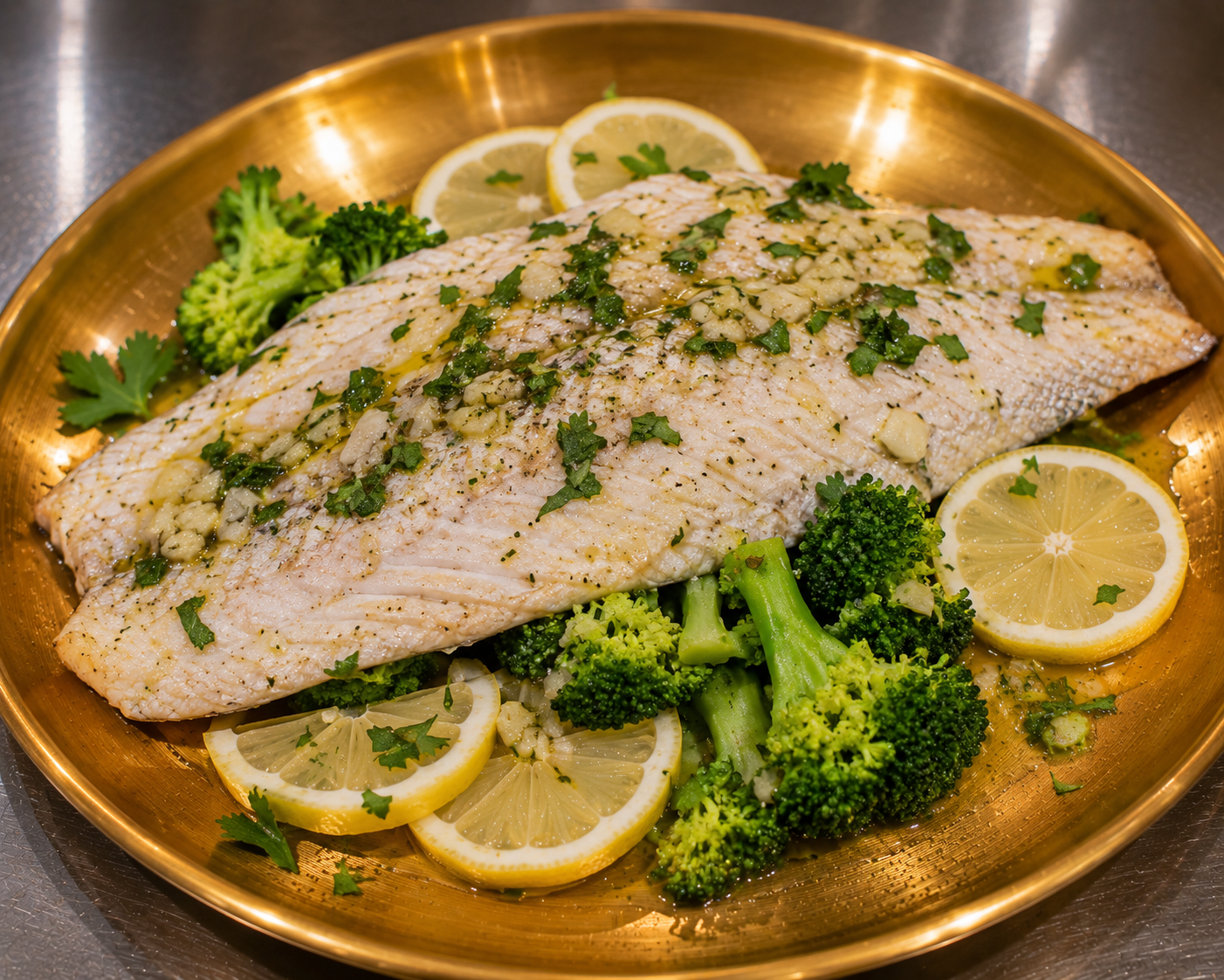 Fish Fillet Barramundi Steamed Grilled served  with Steamed Broccoli
