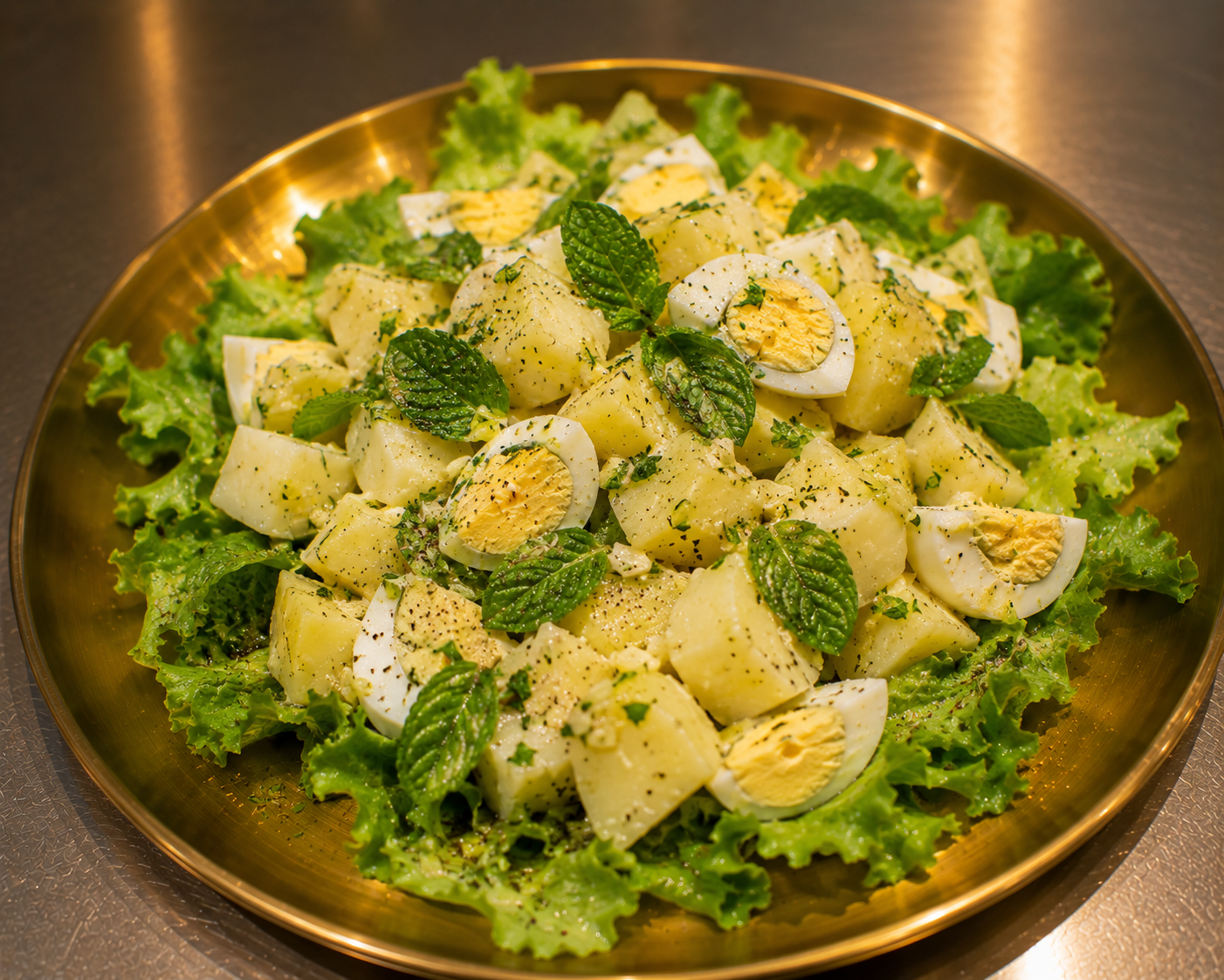 Potato & Boiled Egg Salad with Mint & Lettuce (lemon, oil, garlic)