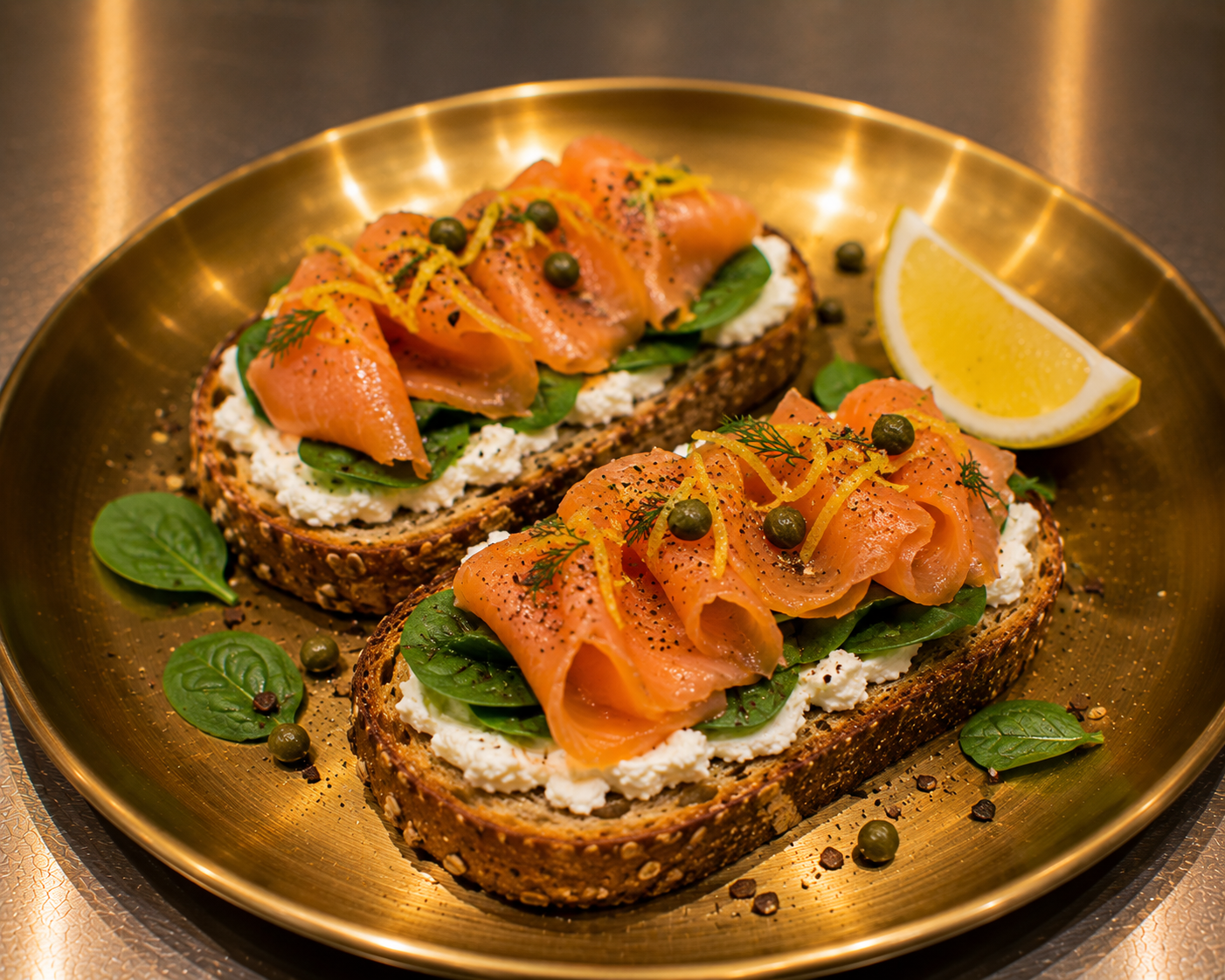 Smoked Salmon Toast w Goat Cheese, Lemon & Spinach (S only)