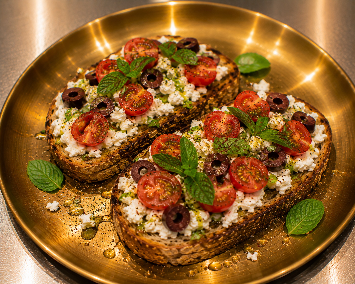 Fetta Cheese Toast w Mint, Cherry Tomatoes & Olive (S only)