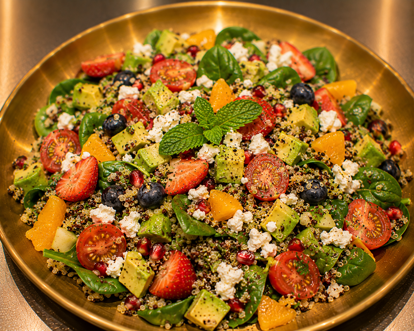 Quinoa Salad w Fruit, Fetta, Tomato, Avocado & Spinach