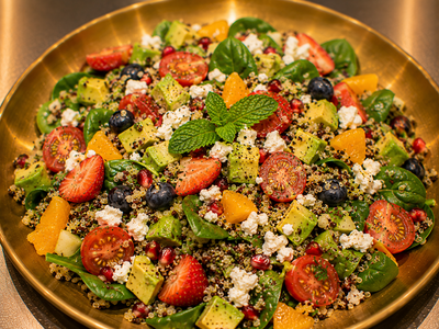 Quinoa Salad w Fruit, Fetta, Tomato, Avocado & Spinach — Allow 30–60 Min Preparation