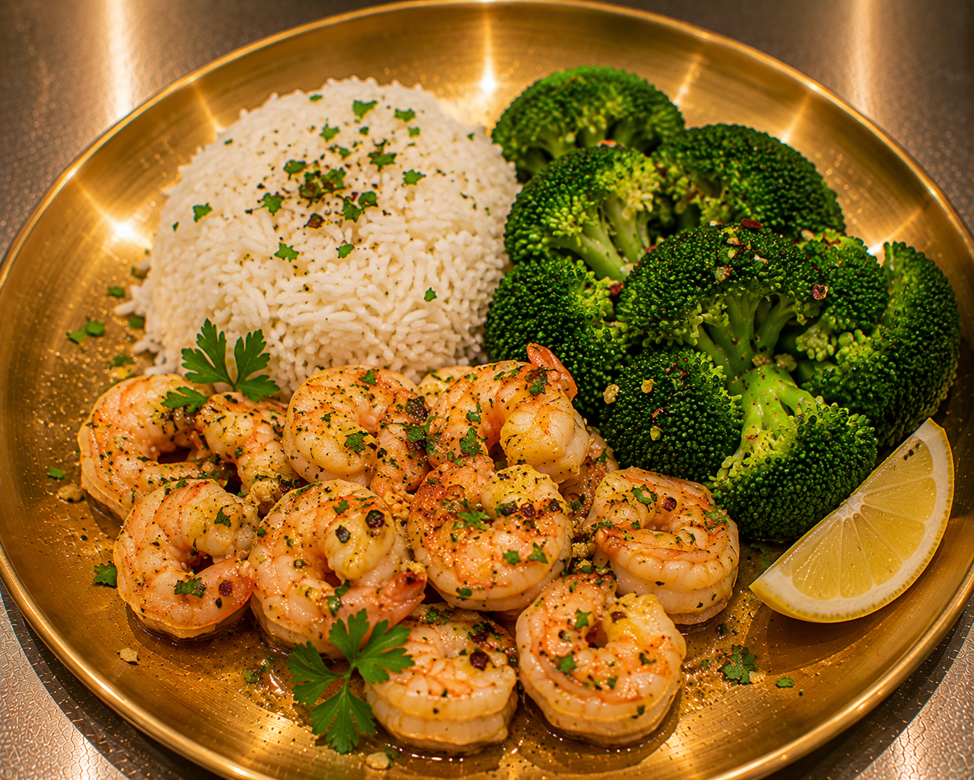 Garlic Prawn serve with Rice & Broccoli