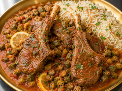 Slow-Cooked Lamb Cutlets w Okra, Lemon, Garlic & Coriander Served with Rice — Order by 9 AM for Lunch | Order by 2 PM for Dinner