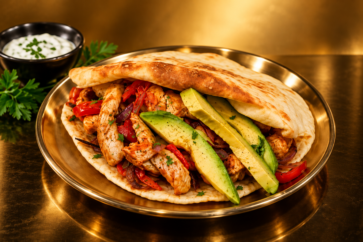 Fajita FREE RANGE Chicken Plate w Capsicum, Onions & Pita