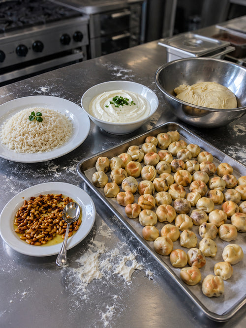 Handmade Lebanese Mince Dumplings in Yogurt Broth w Rice & Pine Nuts (Shish Barak, pre-order)