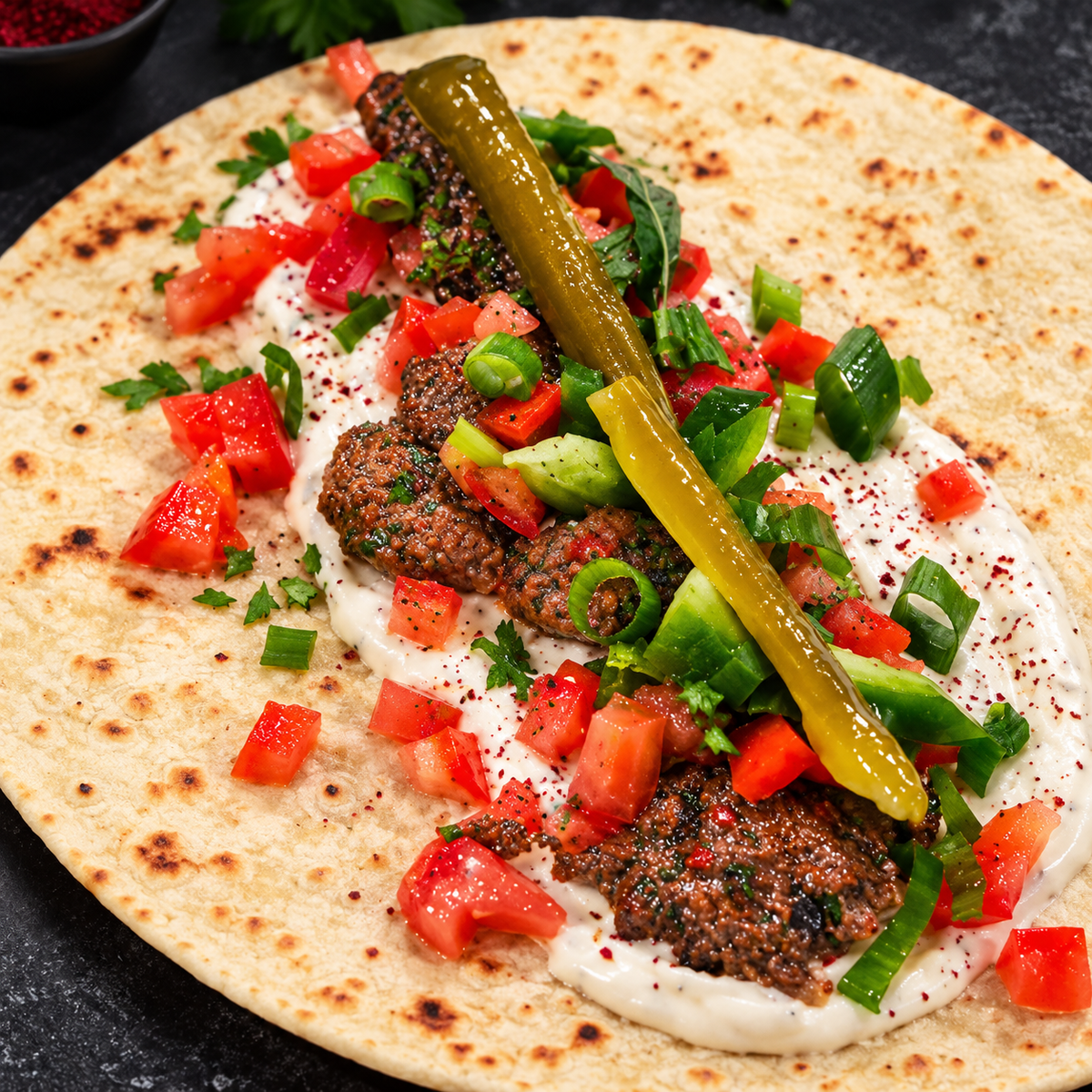 Lebanese traditional Kafta Sandwich ( garlic or tartar sauce )